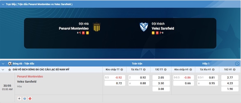 Bảng tỷ lệ kèo bóng đá trận đấu Penarol Montevideo vs Velez Sarsfield
